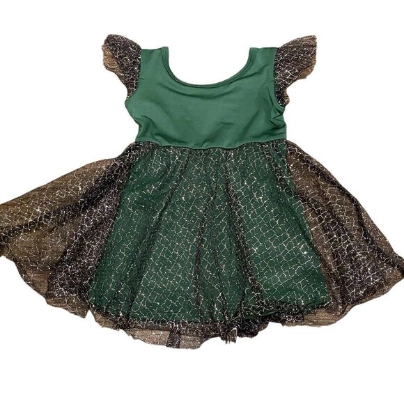 Dot Dot Smile Flutter Sleeve Twirl Dress Green With Silver Mesh Overlay 12-24 Mo - Picture 1 of 12